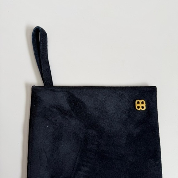 Vintage Bosca Black Suede Wristlet Pouch Gold Logo Minimalist Clutch Bag